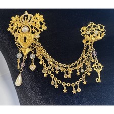 Vintage Kirks Folly Gold-Tone Crown Heart Lock & Key Double Brooch Pin picture