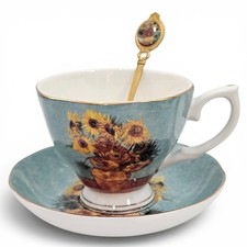 Vintage Vincent Van Gogh Sunflowers Porcelain Teacup Saucer Spoon Set picture