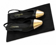 Chanel Slingback Flats Women’s Size 10.5 EU 42C  Leather Black Gold Cap Toe picture