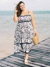Torrid Plus Size 2X Belle Isle Maxi Babydoll Poplin Dress Jungle Toile Navy NWT picture
