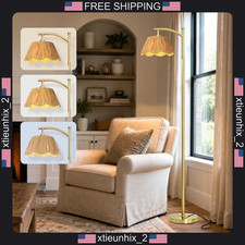 Rattan Arc Floor Lamp with 3 Color Temperatures, Gold Metal Base, Farmhouse picture