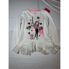 Isaac Mizrahi White Long Sleeve Girls' Tee with Pink Accents and Lace Hem picture
