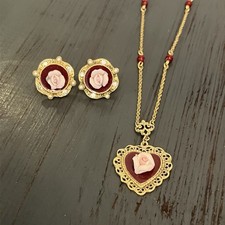 Vintage 1928 Jewelry Co Set Pink Porcelain Rose Heart Pendant Necklace Earrings picture
