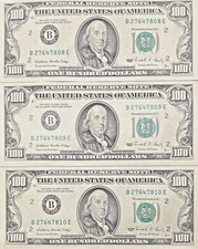 $100 Notes (3). Series 1988. Sequential and Uncirculated RARE picture