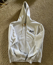 Stussy Stock Paris Graphic Print Full Zip Fleece Hoodie Pockets Gray Men XL picture