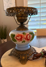 Vintage Hand Painted Floral Glass Table Lamp w/ Ornate Metal Base, 10” picture