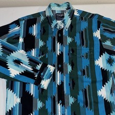 Vintage Wrangler Cowboy Cut Button Up Shirt Aztec Teal Sz 16 1/2-34 X-Long Tail picture