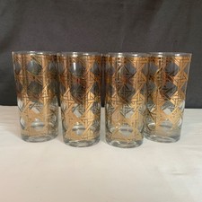 Vintage Cera Glass 12 Oz Highball Tumblers Gold Geometric MCM Set of 4 picture