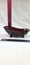 Vintage 1982 Ceramic Clawfoot Bathtub Soap Dish Brown Floral Signed Ellen Smith picture