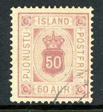 Iceland 1876 Official 50 Aur Rose Lilac *Perf 14x13½* Scott #O9 VFU T852 picture