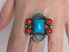 Vtg Navajo Sterling Silver Turquoise Coral Chunky Stamped Ring Signed K Sz 10 picture
