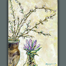 Original Floral Still Life Oil Painting Willow Crocus Cozy Canvas Art 16x12