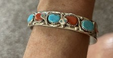 Zuni Effie Calavaza Silver Snake Cuff Bracelet Turquoise Red Coral picture
