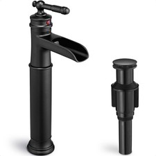 HOIGY HYBF-09H-B Tall Waterfall Bathroom Faucet Black Brass 1-Hole Pop-Up Drain picture