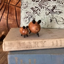 Vintage Handcrafted Wooden Pig Salt Pepper Shaker MCM Kitschy rustic Missing Leg picture