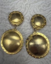 Vintage R.J. Graziano Signed Matte Gold-Tone Shield Drop Clip-On 2.5” Earrings picture