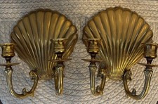 Pair Of Antique Brass Mid Century Shell Wall Candlestick Holders picture