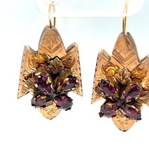 ANTIQUE GEORGIAN ERA AMETHYST EARRINGS ETCHING DETAILS PIERCED HOOK 8K ROSE GOLD picture