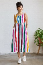 Nooworks Rainbow Salvation Stripe Naomi Midi Dress Sleeveless Pockets XS NWT picture