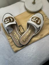 Gucci Women’s white Leather Slide Sandals Gold Double G Logo Size US12-42 picture