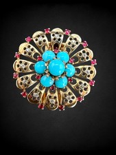 Vintage Trifari Sterling Silver Gold Vermeil Red Blue Glass Cabochon Fur Clip picture