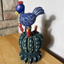 Vintage Oaxaca Wood Carving Chicken On Cactus  Mexican Folk Art 9” H picture