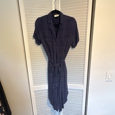 Maeve by Anthropologie Blue Plaid Short Sleeve Shirt Dress Collared Belted Large picture