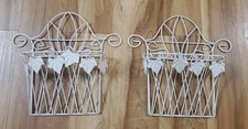 PAIR Vtg Shabby Chic White Wire Wall Baskets Mail Organizer Ivy Leaf Set of 2 picture