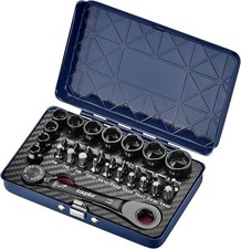 1/4” Mini Reversible Ratchet Wrench Tool Kit 32 PCS Low Profile Bit Socket Set picture