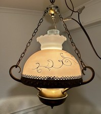 Vintage Hand Painted Floral Hanging Hurricane Swag Lamp Frosted Glass Shade picture