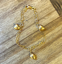 Vintage 14K Yellow Gold Italian Puffy Heart Charm Bracelet 2.31g Solid Italy picture