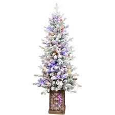 4Ft Pre-lit Potted Christmas Tree Snow Flocked Small Slim & 100 Light Multicolor picture