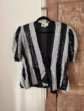 Vintage 80s Tally Boutique Black White Stripe Sequin Wrap Top Puff Sleeve M picture
