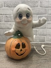 Vintage hand-painted ceramic Halloween Figurine. Jack-o-lantern. Ghost. Lighted. picture