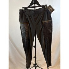 Flamingals Black Moto Leggings Faux Leather Ribbed Panel Zip Accent XL NWT picture