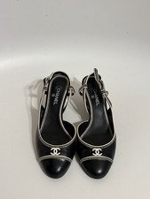 Vtg Chanel Black Leather CC Logo Slingback Heels 34.5 picture