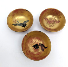 Vintage Japanese Red and Gold Wooden Lacquerware Sake Cups Lot of 3 picture
