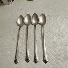 4 Vintage Oneida Damask Rose Sterling Silver Iced Tea Spoons, 7.5