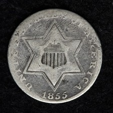 1855 Three 3 Cent Silver Piece FINE E217 IYDFN picture