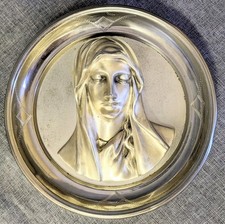 Vintage Silver Relief Virgin Mary Madonna Round Wall Plaque Michelangelos Pieta picture