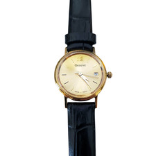 Geneve Round Case Black Leather Strap 14K NIB picture