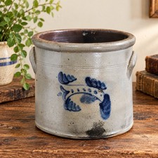 Antique 19th Century Salt Glazed Stoneware Crock Cobalt Blue Floral 2 Handle picture