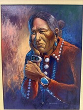 Fred Cleveland Original Oil Painting Navajo Elder Portrait Turquoise Jewelry Art picture