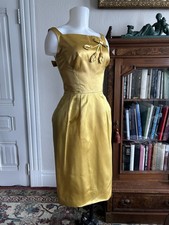 Vtg 50s 60s Gold Yellow Satin Wiggle Dress & Bolero Set Cocktail Formal Party XS picture