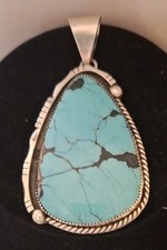 HUGE Vintage Navajo Sterling Silver Sleeping Beauty Turquoise Pendant Signed  picture