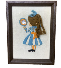 Vtg 3D Yarn Art Girl Mirror Framed Crewel Embroidery Retro Wall Hanging Kitschy picture