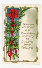 Antique  1915 Dated Christmas Postcard Embossed Holly Decorated Red Bow Unposted picture