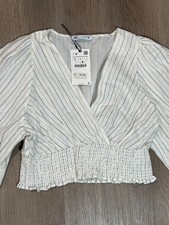 Zara Women's L NWT Ivory Pinstripe Crop Top Smocked Waist Wrap Front Blouse picture