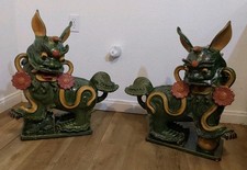 Vintage Pair Of Chinese Terracotta Glazed Yin & Yang  Large Guardian Foo Dogs picture