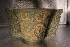 Qing Chinese Bronze Dragon Cup 清 双龙祝寿銅杯 Qianlong Mark Certified Antique picture